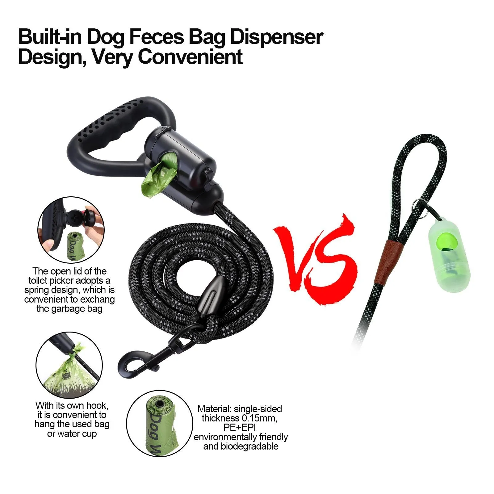 Reflective Durable 2-in-1 Dog Leash 5ft Hands-Free Waste Bag Dispenser