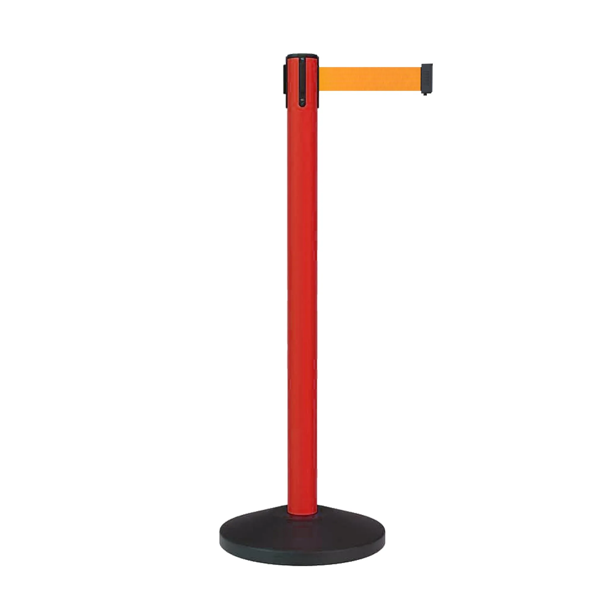 Retractable Belt Barrier Stanchion, Sloped Base, Red Post, 9 ft Belt - Montour Line MS630