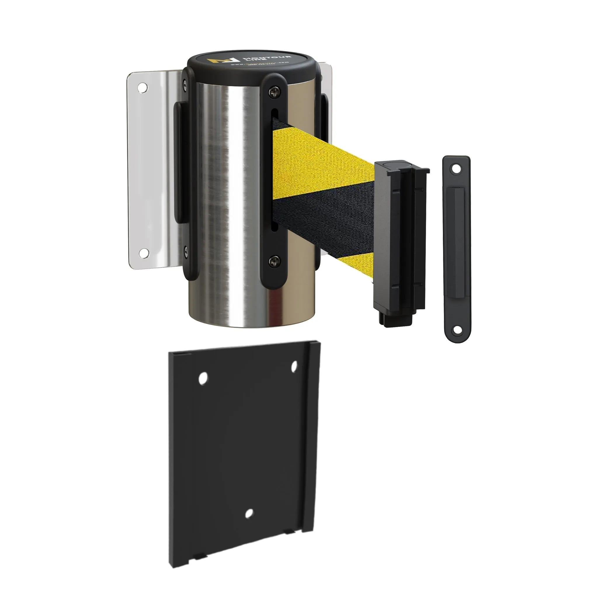 Retractable Belt Barrier Wall Mount with Removable Plate, Polished Stainless Steel Metal Case with Standard Belt End, 13 ft Belt - Montour Line WM115