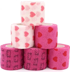 Self Adhesive Bandage Wrap Animal Cohesive Bandage Self Adherent Wrap First Aid Tape for Dogs Cats Horses Birds & Wrist Healing Ankle Sprain (2 Inch Heart 6 Rolls)