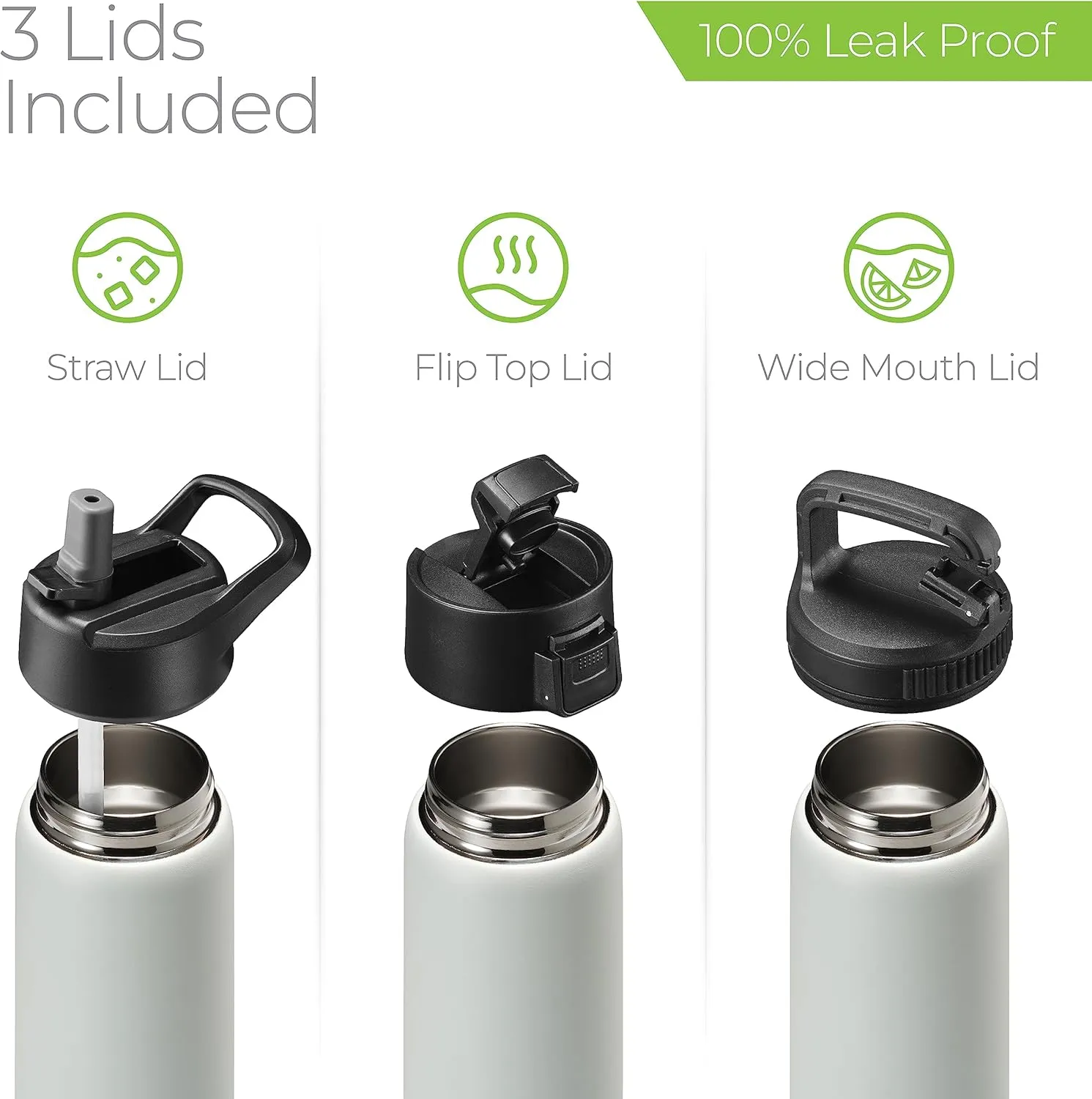 SipX Triple-Insulated Stainless Steel Water Bottle 25oz. With 3 Lids, BPA-Free Reusable Insulated Water Bottle Keeps Cold 24 Hours, Metal Water Bottle Made Of Sustainable Material For Hiking & Biking