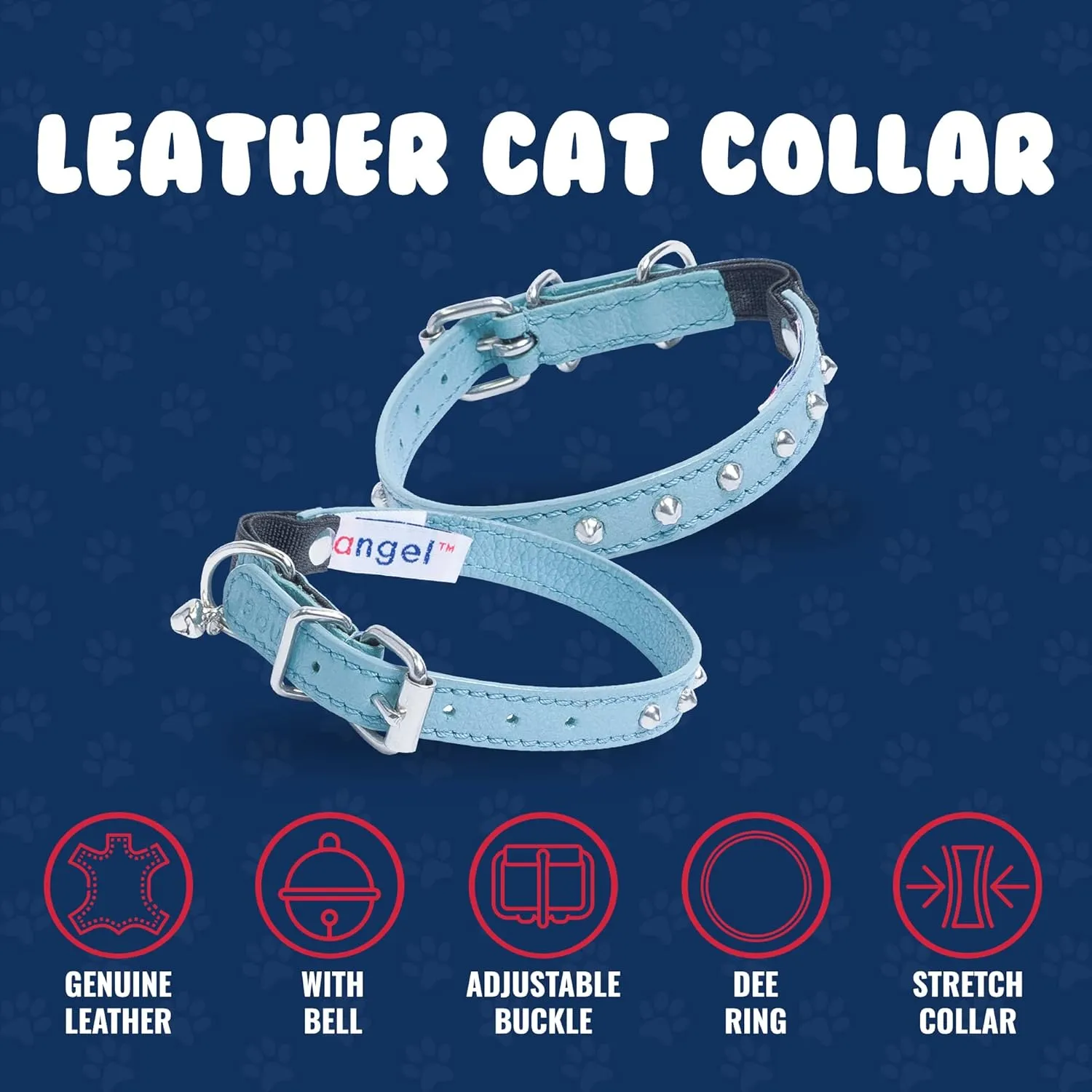 Studded Cat Collar, Genuine Leather Kitten Collar, Sturdy Breakaway Cat Collar, Water-Resistant Cat Collar with Bell & Elastic Stretch, Baby Blue, 10 x 1/2 inches - Angel Pet Supplies