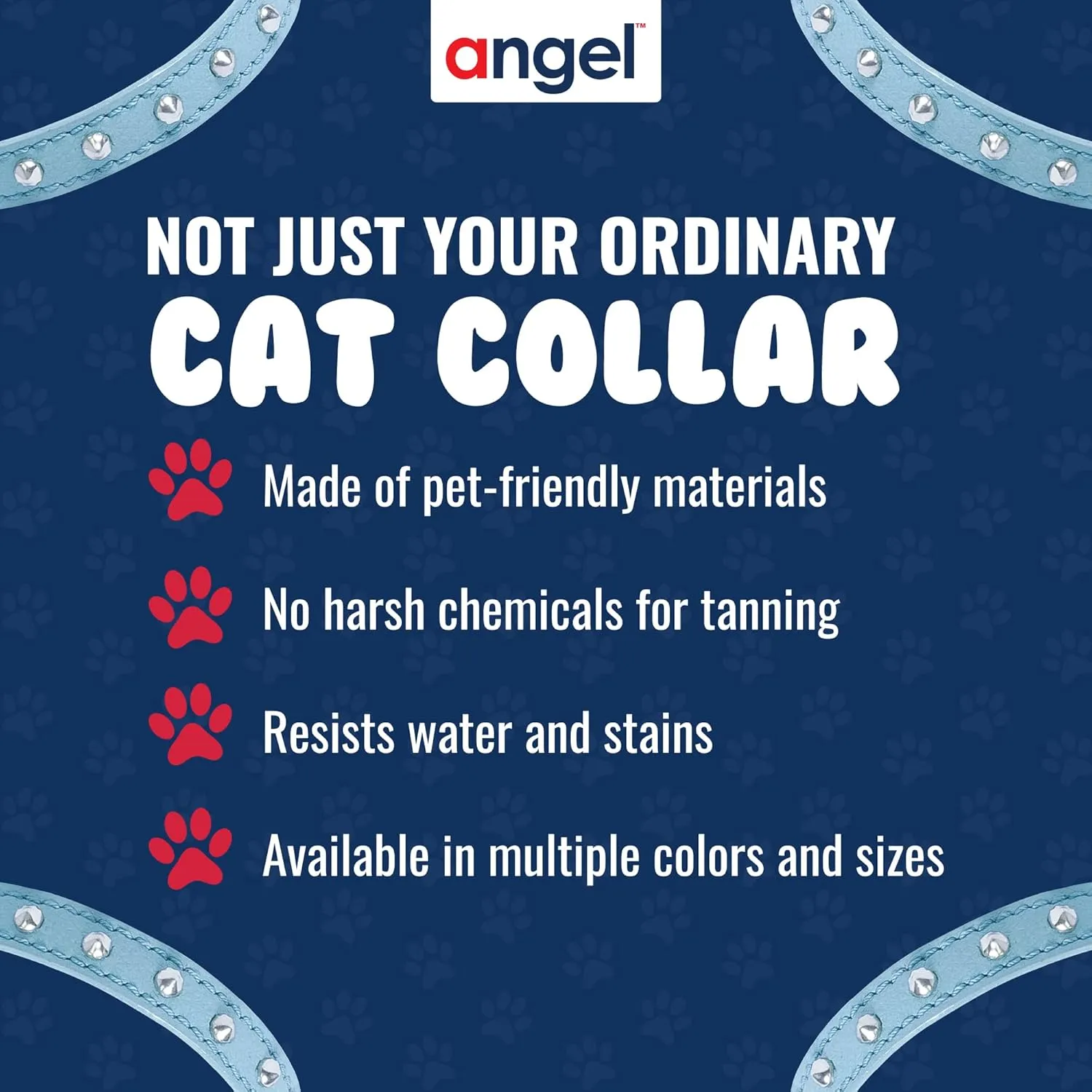 Studded Cat Collar, Genuine Leather Kitten Collar, Sturdy Breakaway Cat Collar, Water-Resistant Cat Collar with Bell & Elastic Stretch, Baby Blue, 10 x 1/2 inches - Angel Pet Supplies
