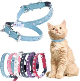 Studded Cat Collar, Genuine Leather Kitten Collar, Sturdy Breakaway Cat Collar, Water-Resistant Cat Collar with Bell & Elastic Stretch, Baby Blue, 10 x 1/2 inches - Angel Pet Supplies