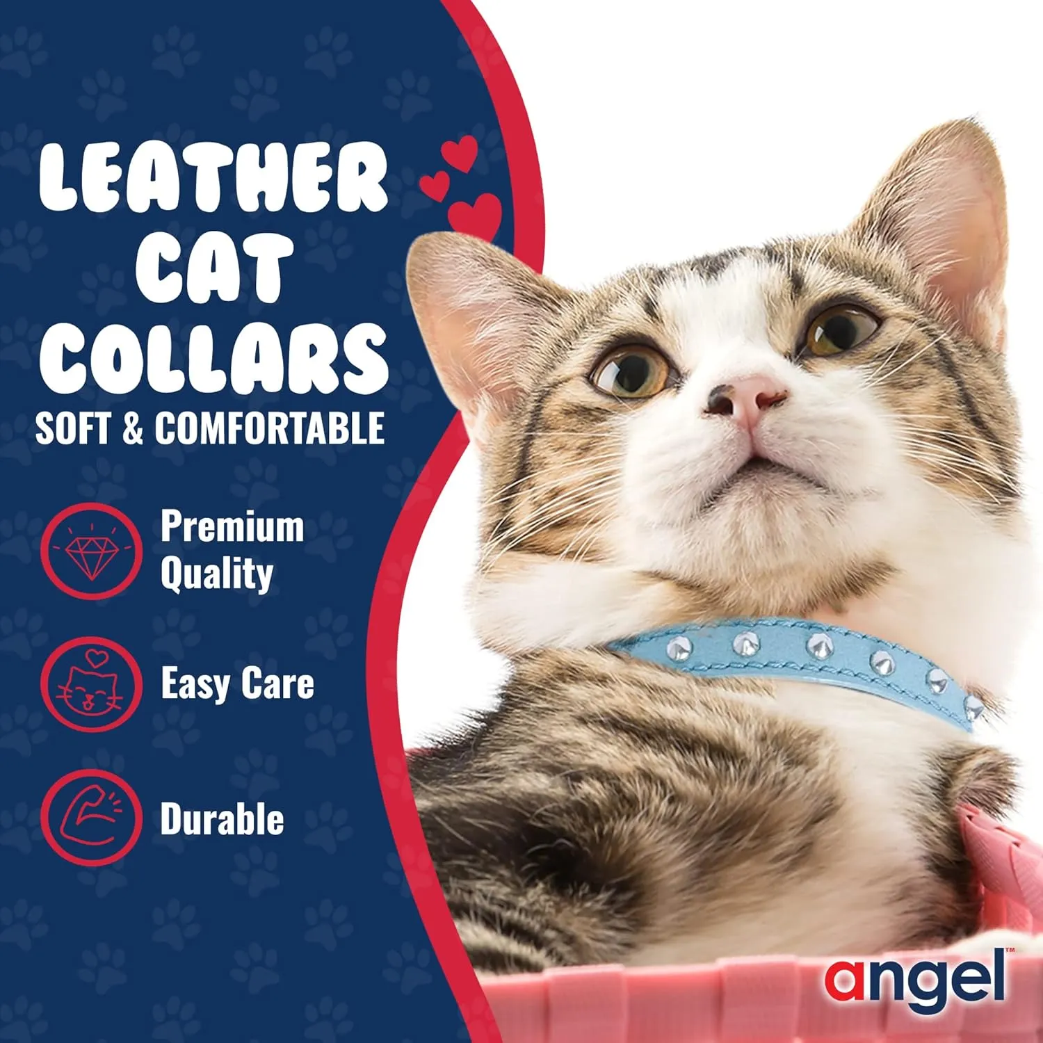 Studded Cat Collar, Genuine Leather Kitten Collar, Sturdy Breakaway Cat Collar, Water-Resistant Cat Collar with Bell & Elastic Stretch, Baby Blue, 10 x 1/2 inches - Angel Pet Supplies