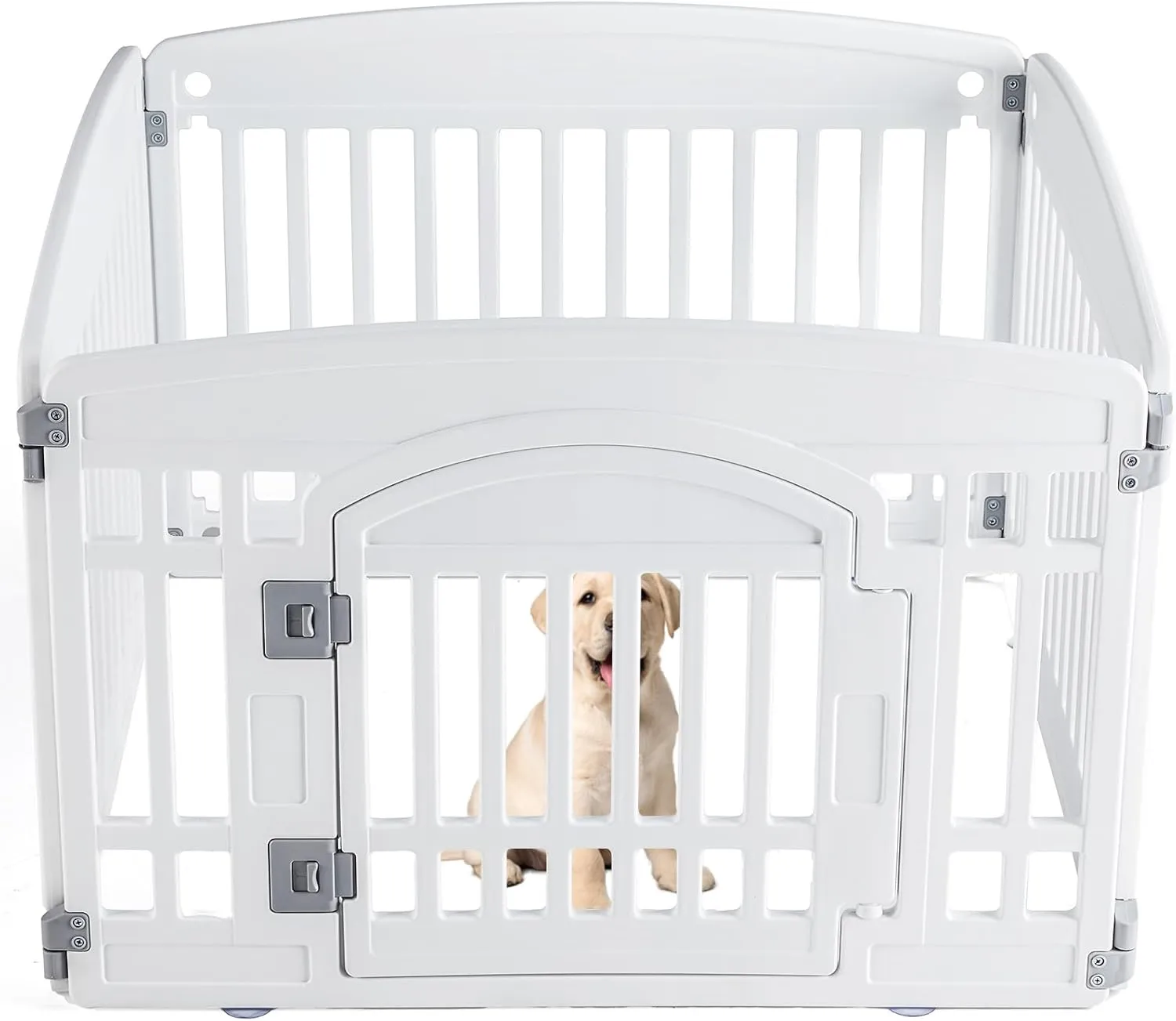 Sweetcrispy Plastic Dog Playpen - 4-Panel 24" Expandable & Durable Pet Fence for Medium Dogs - Indoor & Outdoor Portable Puppy Playpen with Secure Locking Door, White