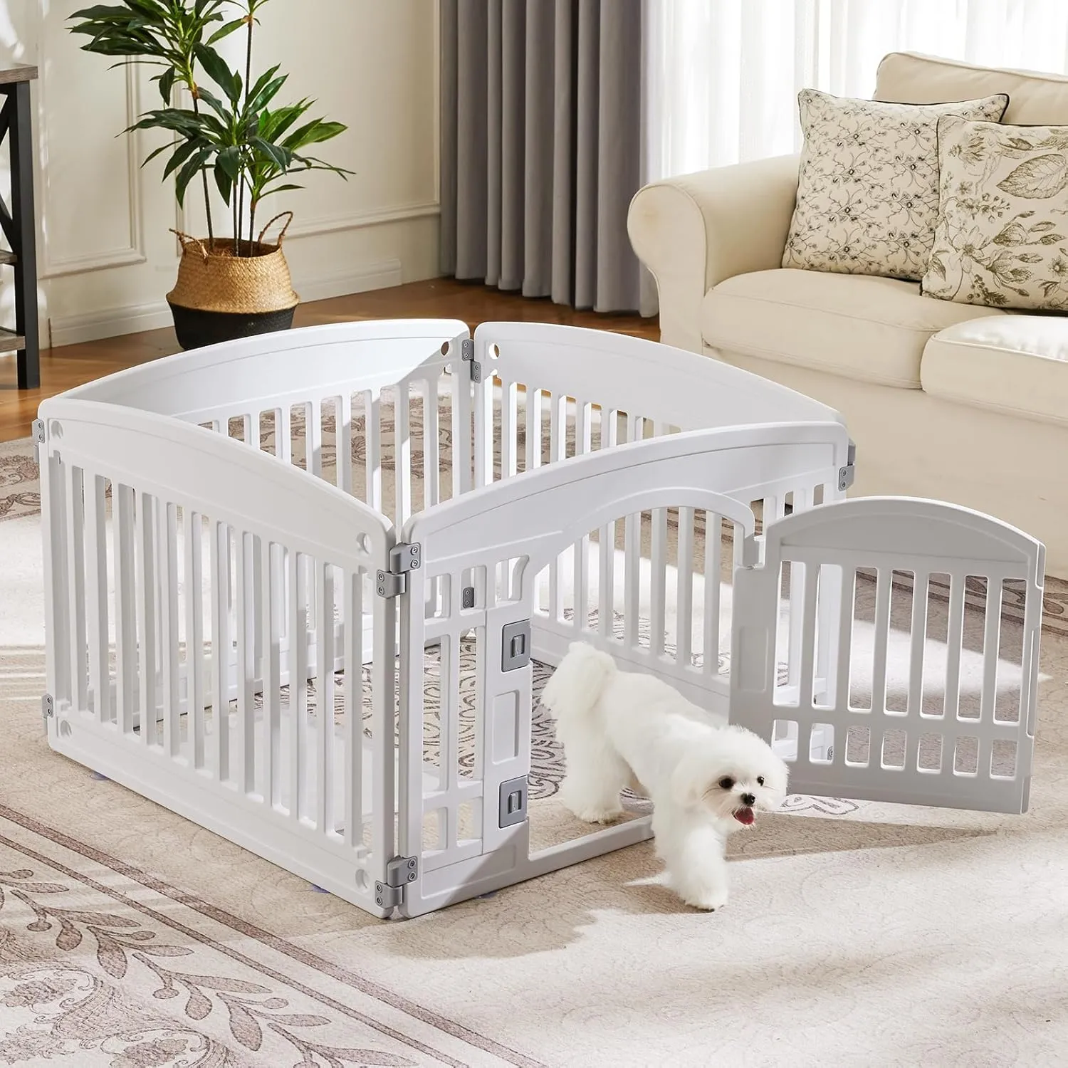 Sweetcrispy Plastic Dog Playpen - 4-Panel 24" Expandable & Durable Pet Fence for Medium Dogs - Indoor & Outdoor Portable Puppy Playpen with Secure Locking Door, White