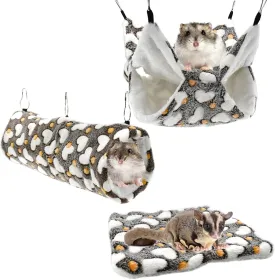 Vehomy 3Pcs Sugar Glider Hamster Hammock Hanging Tunnel and Warm Bed Soft Mat Set for Small Animals Hanging Hammock Cage Accessories Hideout Swing for Squirrel Ferret Rat Chincilla Guinea Pig