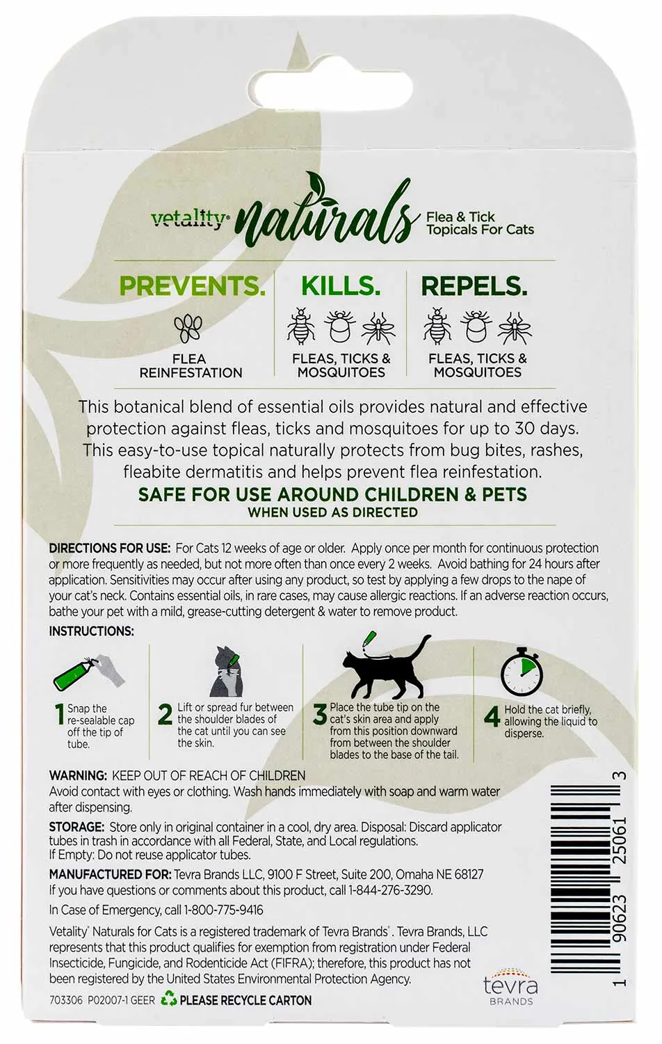 Vetality Naturals Flea & Tick Topicals for Cats, 3-pk