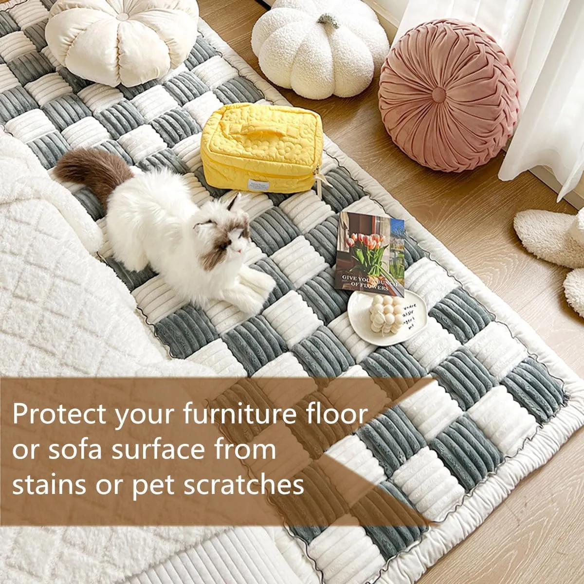 VISTABLUE Fuzzy Couch Covers for Pets, Couch Protector for Dogs Garden Chic Cotton Protective Couch Cover, Pet Mat Bed Couch Cover (Grey, 27.6 x 70.9in)