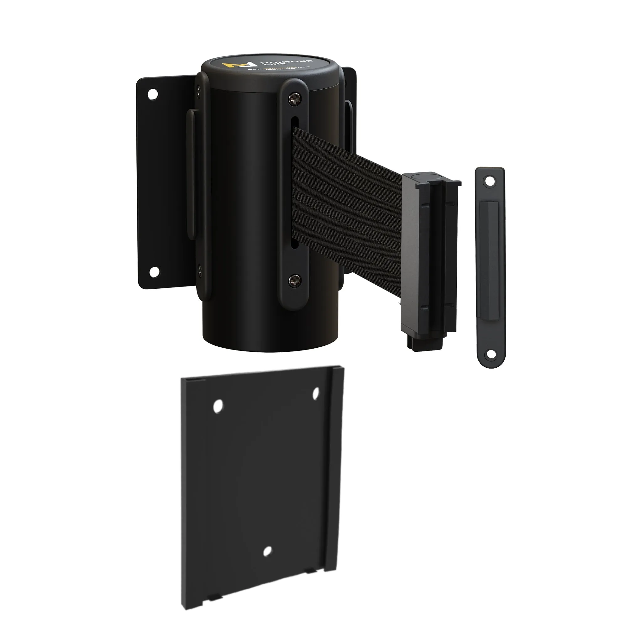 Wall Mounted Retractable Belt Barrier with Removable Plate, Black Steel Metal Case with Standard Belt End, 11 ft Belt - Montour Line WM115