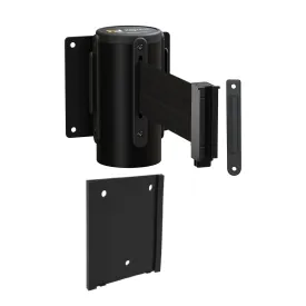 Wall Mounted Retractable Belt Barrier with Removable Plate, Black Steel Metal Case with Standard Belt End, 11 ft Belt - Montour Line WM115