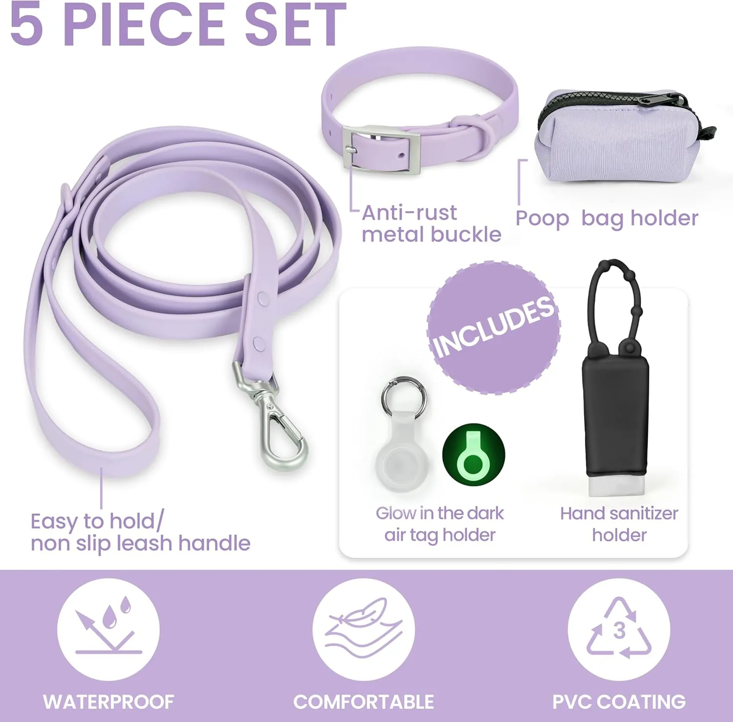 Waterproof Dog Collar and Leash Set, Adjustable, Odor Proof pet Leashes Collars, 6FT Dog Leash for Small, Medium, Large Dogs, Glow in The Dark Dog Air Tag Holder and Dog Poop Bag Holder (M, Lavender)