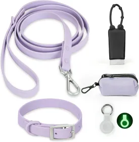 Waterproof Dog Collar and Leash Set, Adjustable, Odor Proof pet Leashes Collars, 6FT Dog Leash for Small, Medium, Large Dogs, Glow in The Dark Dog Air Tag Holder and Dog Poop Bag Holder (M, Lavender)
