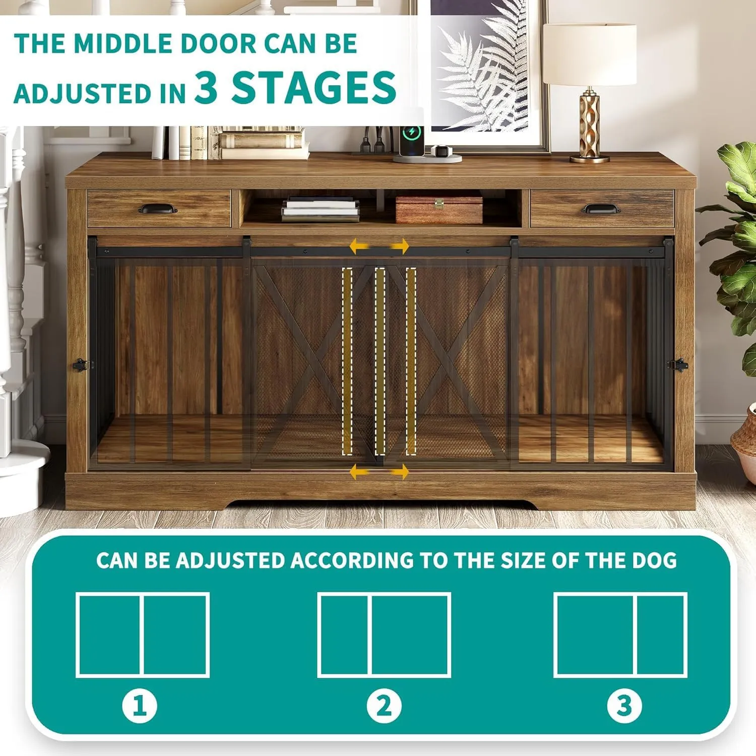 YITAHOME 63 Inch Double Dog Crate TV Stand with Charging Station, Heavy Duty Wooden Cage Furniture for 2 Dogs, Dog Kennel Indoor Furniture Double Sliding Barn Door Design Ideal for 2 Dogs, Oak