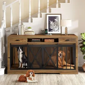 YITAHOME 63 Inch Double Dog Crate TV Stand with Charging Station, Heavy Duty Wooden Cage Furniture for 2 Dogs, Dog Kennel Indoor Furniture Double Sliding Barn Door Design Ideal for 2 Dogs, Oak
