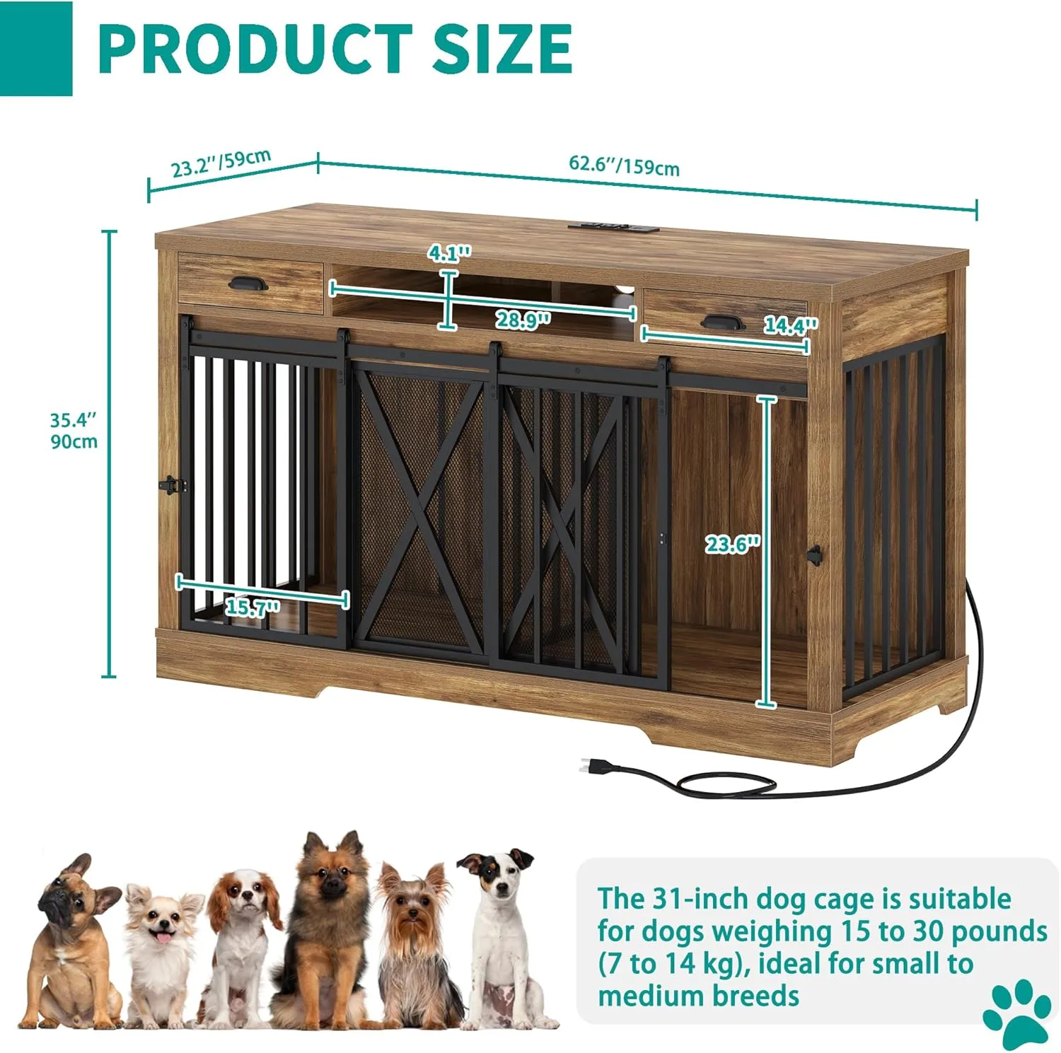 YITAHOME 63 Inch Double Dog Crate TV Stand with Charging Station, Heavy Duty Wooden Cage Furniture for 2 Dogs, Dog Kennel Indoor Furniture Double Sliding Barn Door Design Ideal for 2 Dogs, Oak