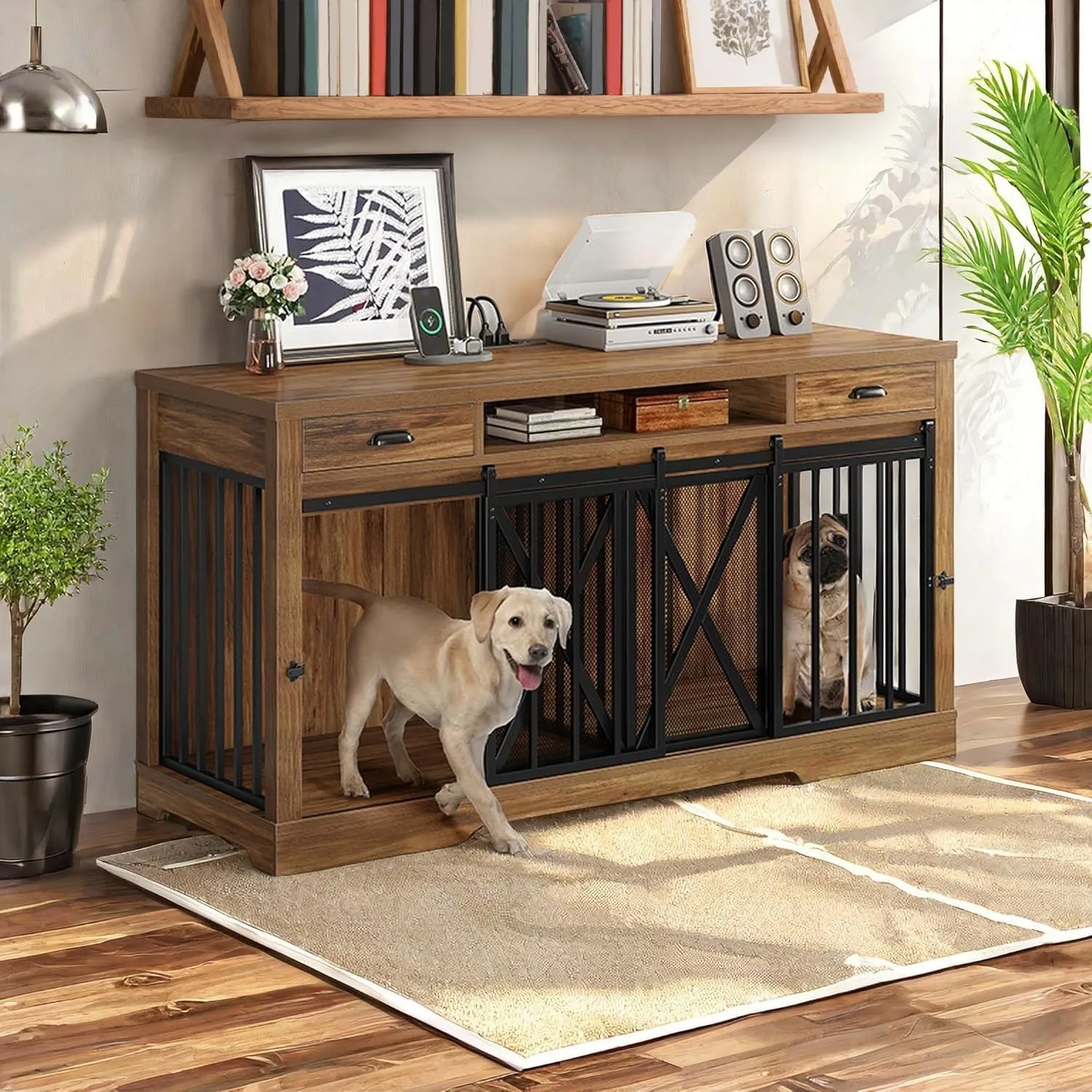 YITAHOME 63 Inch Double Dog Crate TV Stand with Charging Station, Heavy Duty Wooden Cage Furniture for 2 Dogs, Dog Kennel Indoor Furniture Double Sliding Barn Door Design Ideal for 2 Dogs, Oak